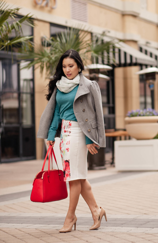 cute & little blog | floral skirt, teal sweater, striped scarf, kate spade poppy red bag, gray wool coat outfit