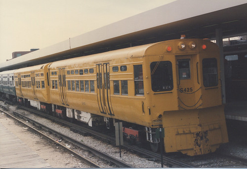 Chicago Transit Authority 1950's era 6000 series rapid transit car demoted to maintenance and snowplow service. Kimball Avenue terminal. Chicago Illinois. Early April 1986. by Eddie from Chicago