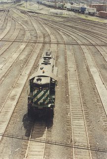 Ariel view of a Burlington Northern RR 1950's era EMD model SD-9 roadswitcher. Clyde Yard. Cicero Illinois. June 1985. by Eddie from Chicago