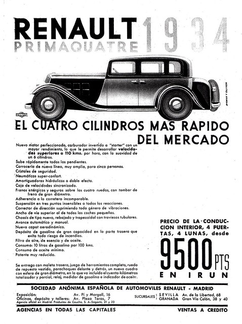 1934 Renault Primaquatre Ad Spain 