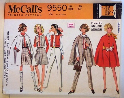 Vintage McCalls 9550 Pattern Cape Vest Culottes Pants Mod 60s Classic Style