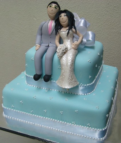 2tier tiffany blue wedding cake finished with white satin ribbons 