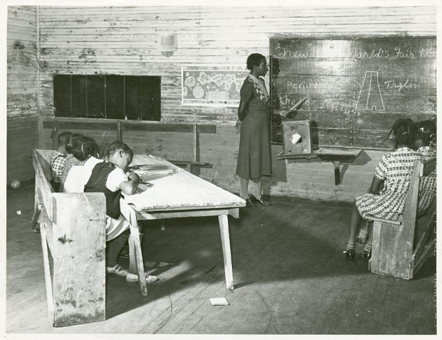 Interior of school on Mileston Plantation; School begins ver...