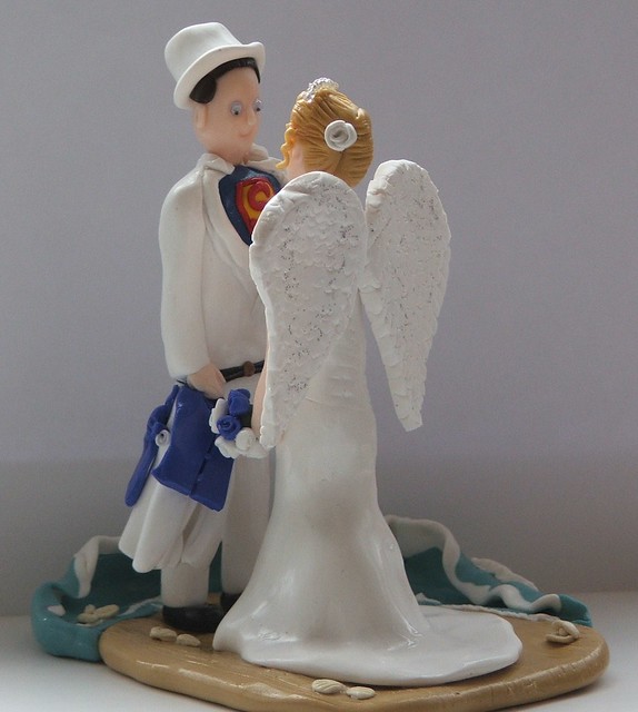 Angel Bride and Superman Groom Fimo Wedding Cake Toppers