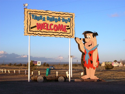 'Yabba Dabba Doo means Welcome' - Welcome Sign on the highway leading to the Grand Canyon, outside the tourist stop at Bedrock City, Arizona (bedrock02xy)