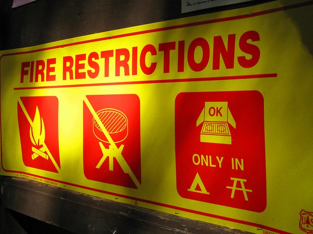 Fire Restrictions sign at Little Jimmy Trail Camp in the Angeles National Forest