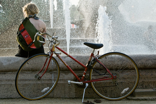 Girl in front of fountain, Philadelphia, Pennsylvania, USA