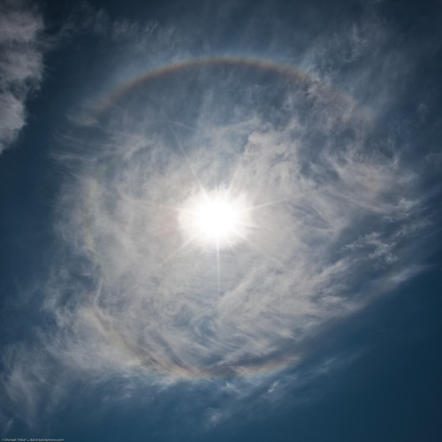 Halo, 22-degree halo, Solar Halo, 22 degree solar halo - aka (incorrectly) Rainbow, Full Circle, 360 Degree, Round, Circular, Whole.  Directly overhead.  Morro Bay, CA.  12 June 2009.