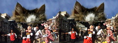 3D, i iz cheezburger and pickle in side - Mickey Mouse, Minnie Mouse and Wizard flee the Giant Cat, Aghh, Running, Main Street U.S.A., Disneyland, Anaheim, California, 2008.11.14 13:21