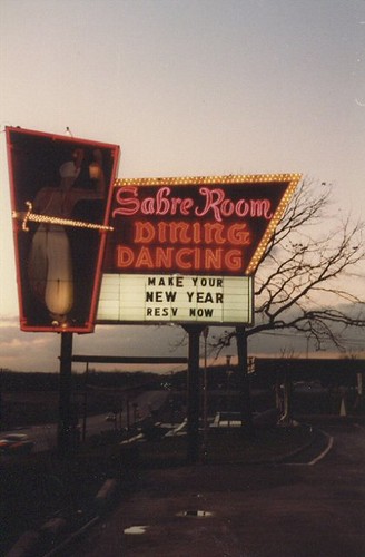 The Sabre Room banquette hall sign on West 95th Street. Hickory Hills Illinois. December 1982. by Eddie from Chicago