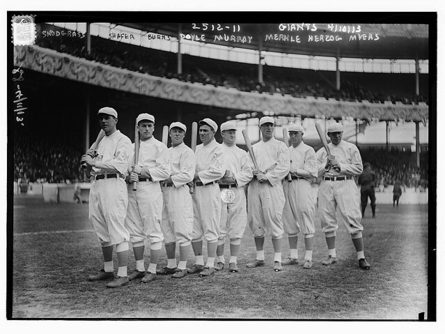 [New York Giants Opening Day line-up at the Polo Grounds [New York]. Left to right: Fred Snodgrass, Tillie Shafer, George Burns, Larry Doyle, Red Murray, Fred Merkle, Buck Herzog, Chief Meyers (baseball)]  (LOC)