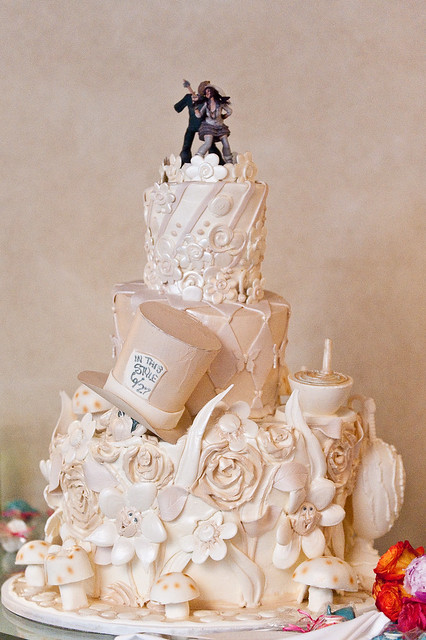 White Alice Tiered wedding cake with an Alice in Wonderland theme