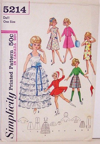 Vintage Simplicity Pattern 5214 Barbie Doll 12 Inch Doll Wardrobe Hooded Jacket, skirt, formal, skating skirt, dress, evening dress, kilt, inverted pleat skirt, 60s