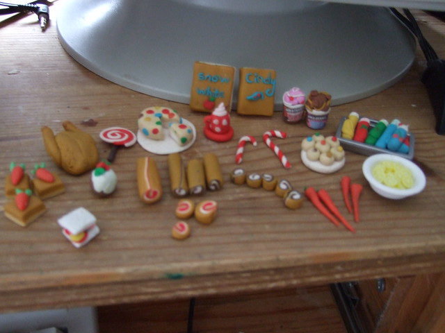 Fimo food Fimo things Smarties cakes Swiss Rolls Fairytale books