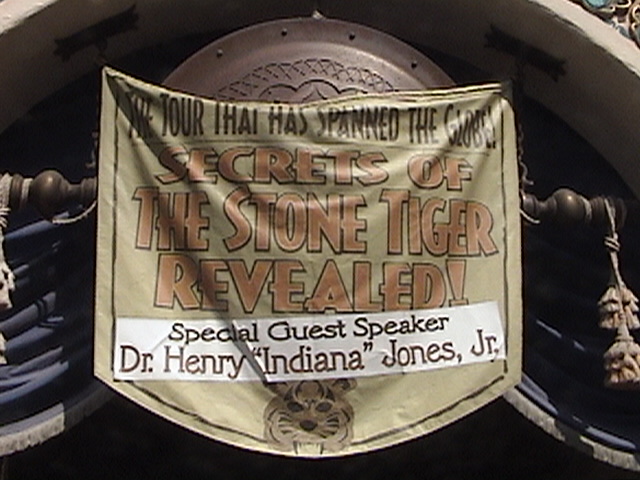 Indiana Jones™ and the Secret of the Stone Tiger Revealed!, Banner over entrance of Aladdin's Oasis, Adventureland, Disneyland®, Anaheim, California, 2008.05.26 15:49