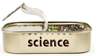 Pried open tin can marked "science"
