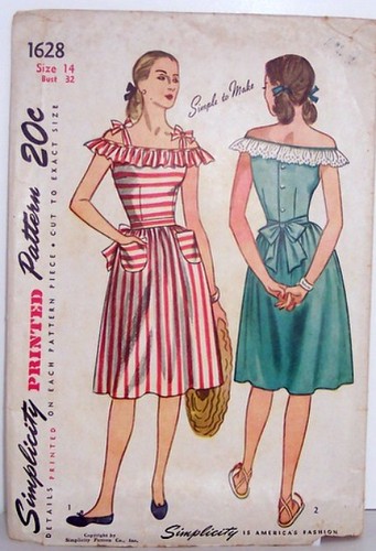 Vintage Simplicity Pattern 1628 Womens Size 14 40s Dress with Over the Shoulder Ruffle and Form Fitting Bodice
