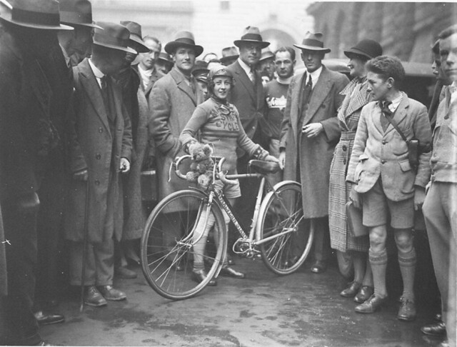 Billie Samuels leaving to ride to Melbourne on a Malvern Star bicycle, 4 July 1934, by Sam Hood