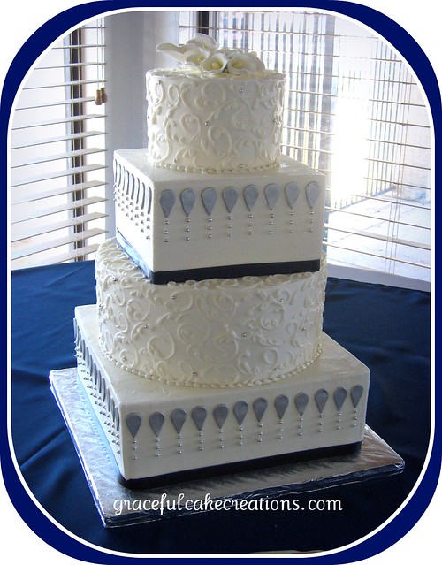 White Silver and Navy Blue Wedding cake