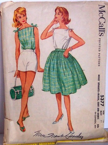 Vintage McCalls Pattern 5377 Rockabilly Shoulder Tied Blouse, Short and Full Skirt Size 10 Bust 31 Waist 24 Hip 33 60s