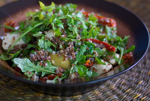 warm red quinoa, chicken, and arugula salad