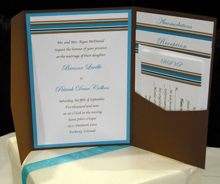 Turquoise Chocolate Brown Mod Stripes Pocket Wedding Invitation