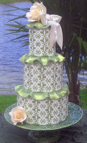 Green Victorian cake Fondant covered cake I used a stencil for the 