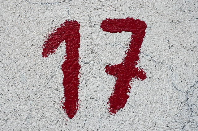 Close-up of the number 17 in red paint
