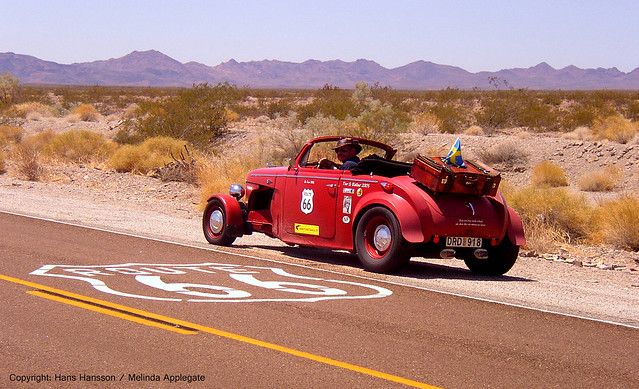 Hans Hansson in his Volvo PV Hot Rod on Route 66 Near Barstow California