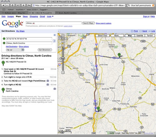 Google Maps shows you how to get from Erect to Climax NC 
