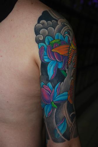 Tattoo Half Sleeve back view lotus flowers by mitchmiami