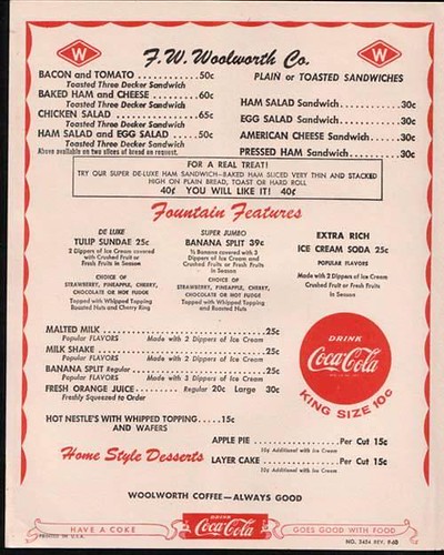 1950's era F.W Woolworth Store Lunch Counter menu. by Eddie from Chicago