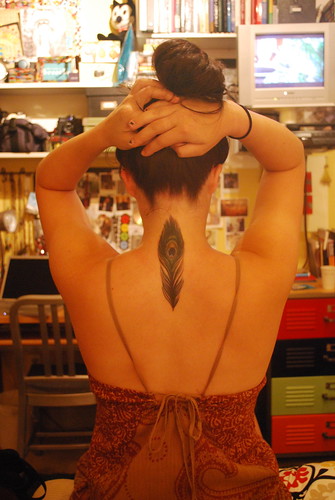 Peacock Feather Tattoo on back the neck