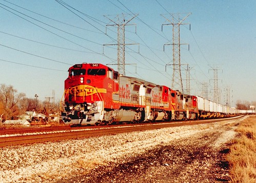 Westbound Atchinson, Topeka & Santa Fe intermodal train. Forest View Illinois. December 1990. by Eddie from Chicago