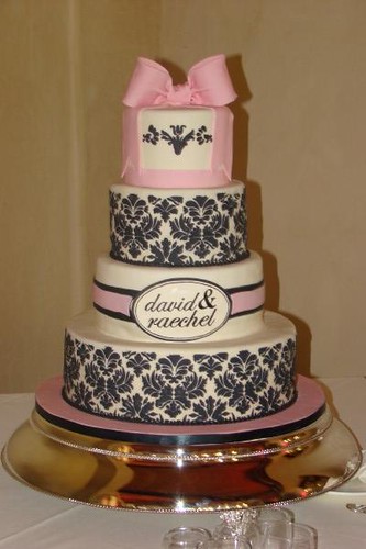 4 tier black damask on ivory fondant with pale pink accents