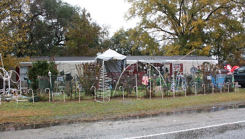 Christmas decorations in mobile home yard