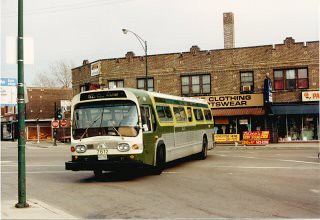 CTA Route 52A Kedzie Avenue bus turning off of South Archer Avenue and heading west on 43rd Street / AKA Pope John Paul 2nd Drive. Chicago Illinois. April 1989. by Eddie from Chicago