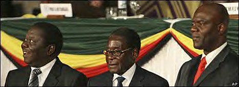 Parties to the power-sharing agreement in Zimbabwe. Morgan Tsvangirai of MDC-T, President Robert Mugabe of ZANU-PF and Arthur Mutambara of the MDC-M. All parties have called for the lifting of sanctions by the western countries. by Pan-African News Wire File Photos