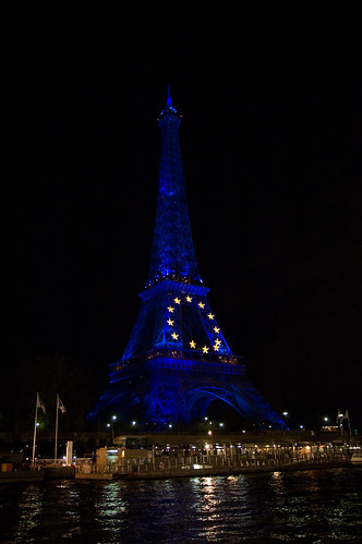 Night shot of Eiffel Tower (featuring 12 Golden Stars from the European Union), from The Seine, Paris, France