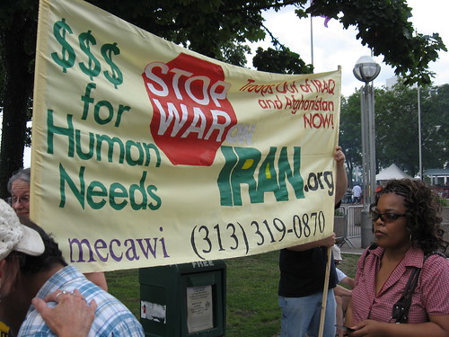 Andrea Egypt of MECAWI at the No War on Iran demonstration in downtown Detroit on Aug. 1, 2008. The action coincided with protests in 87 cities throughout the United States. (Photo: Alan Pollock). by Pan-African News Wire File Photos
