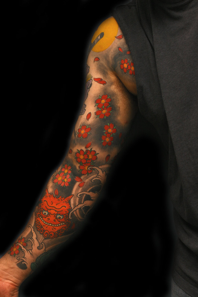 Oni fiddle masks blossoms sleeve by Filip Leu oni mask tattoos