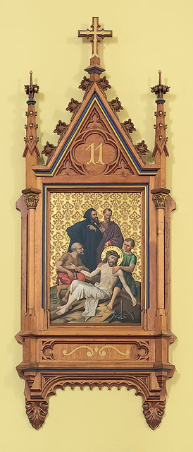 Saint Cecilia Roman Catholic Church, in Bartelso, Illinois, USA - 11th Station of the Cross, Jesus is Nailed to the Cross