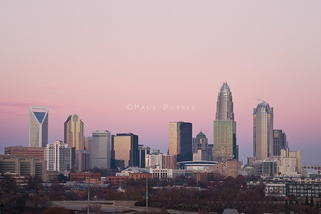 A photo of the 2012 Charlotte NC skyline with beautiful color in the sky