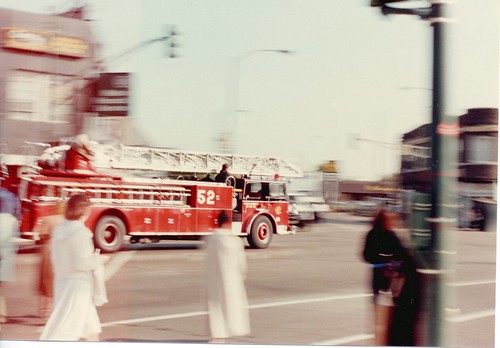 Westbound Chicago Fire Department ariel ladder truck # 52 racing to call. Chicago Illinois. March 1985. by Eddie from Chicago