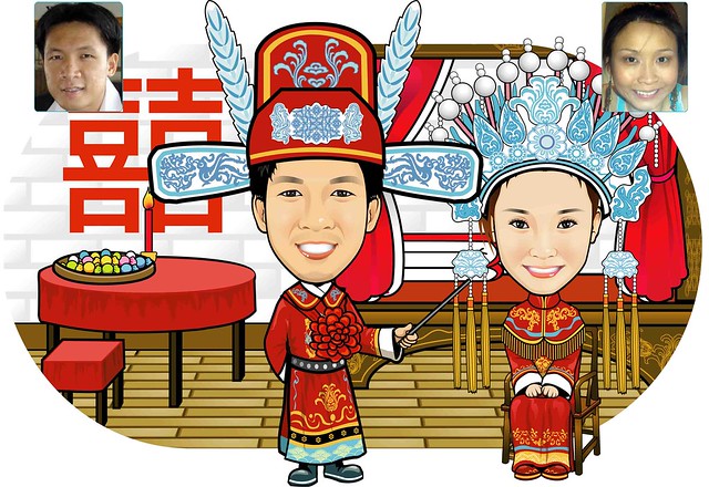 Digital Caricature Traditional Chinese Wedding Theme Drawing