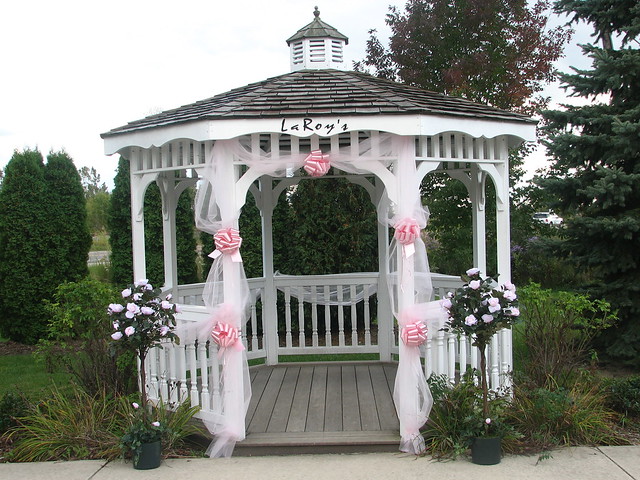 A early fall day awaits this gazebo decorated for a wedding which will take