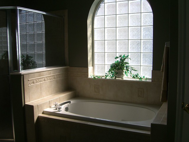 Master Bath with Roman Tub and Glass Block Window, Oversized ...