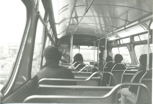 Interior view of a 1970's era CTA GMC Fishbowl windshield bus. Chicago Illinois. November 1989. by Eddie from Chicago