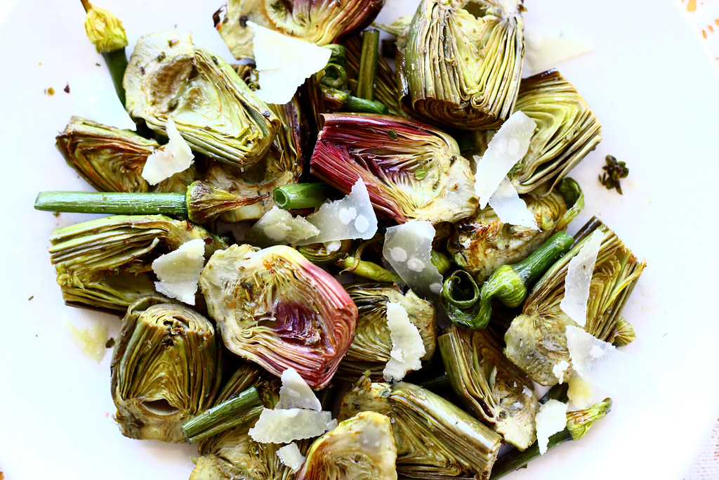 Roasted Baby Artichokes, Onion Scapes