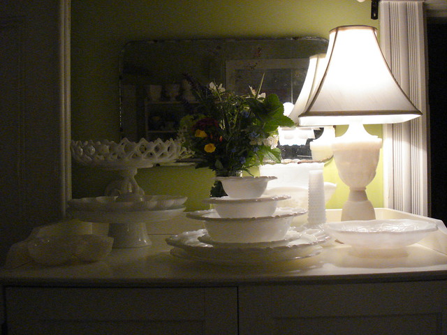 milk glass and summer flowers 